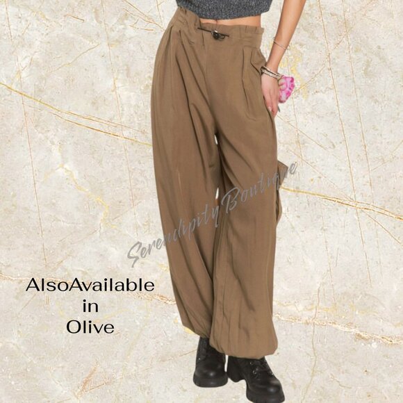 High Waist Draw String Tapered Waist Uber Baggy Wide Leg Black Mock Cargo Pants - Picture 9 of 9
